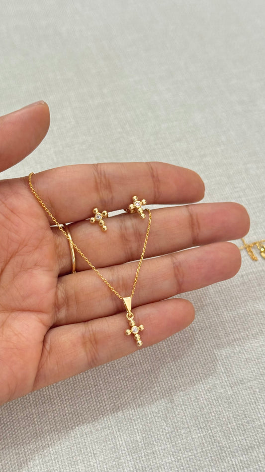 JUEGO CRUZ BOLITAS ORO LAMINADO