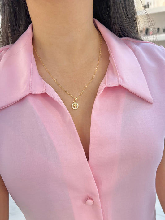 CADENA CRUZ CIRCULAR ORO LAMINADO