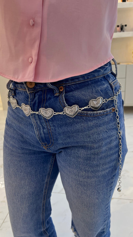 CADENA CINTURÓN  VINTAGE CORAZONES grandes plateada